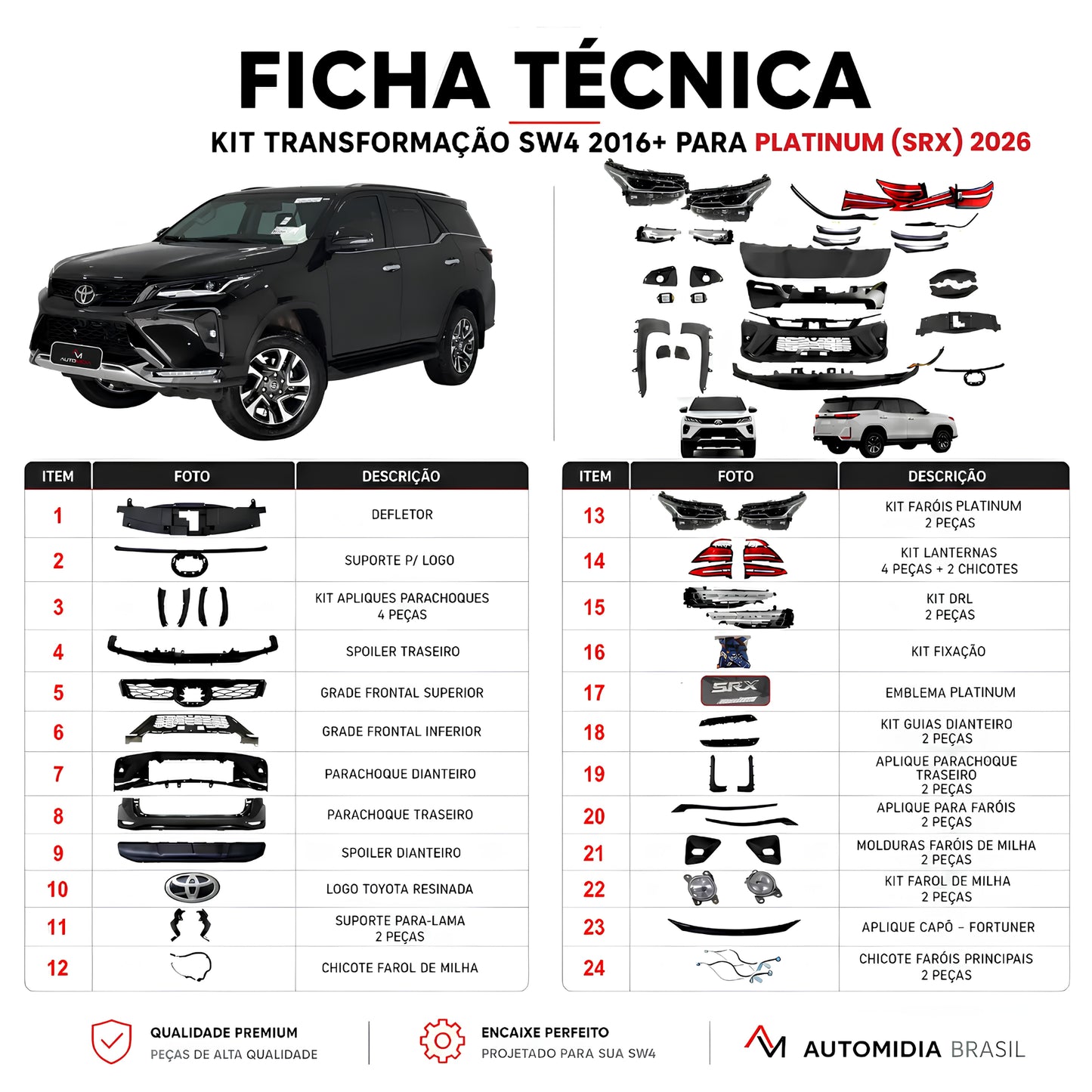 Ficha técnica do kit transformação completo Toyota SW4 Platinum 2026 com faróis, lanternas, DRL, para-choques, grades, molduras e acabamentos para modelos SW4 2016 a 2026. Automidia brasil