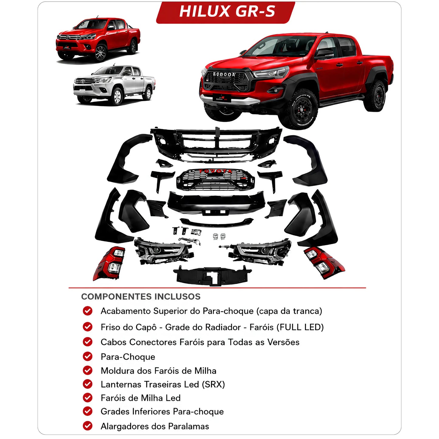 Infográfico dos componentes do kit transformação Toyota Hilux GR Sport 2024 com para-choque, grade, faróis Full LED, lanternas, faróis de milha e alargadores para Hilux 2016 a 2024.