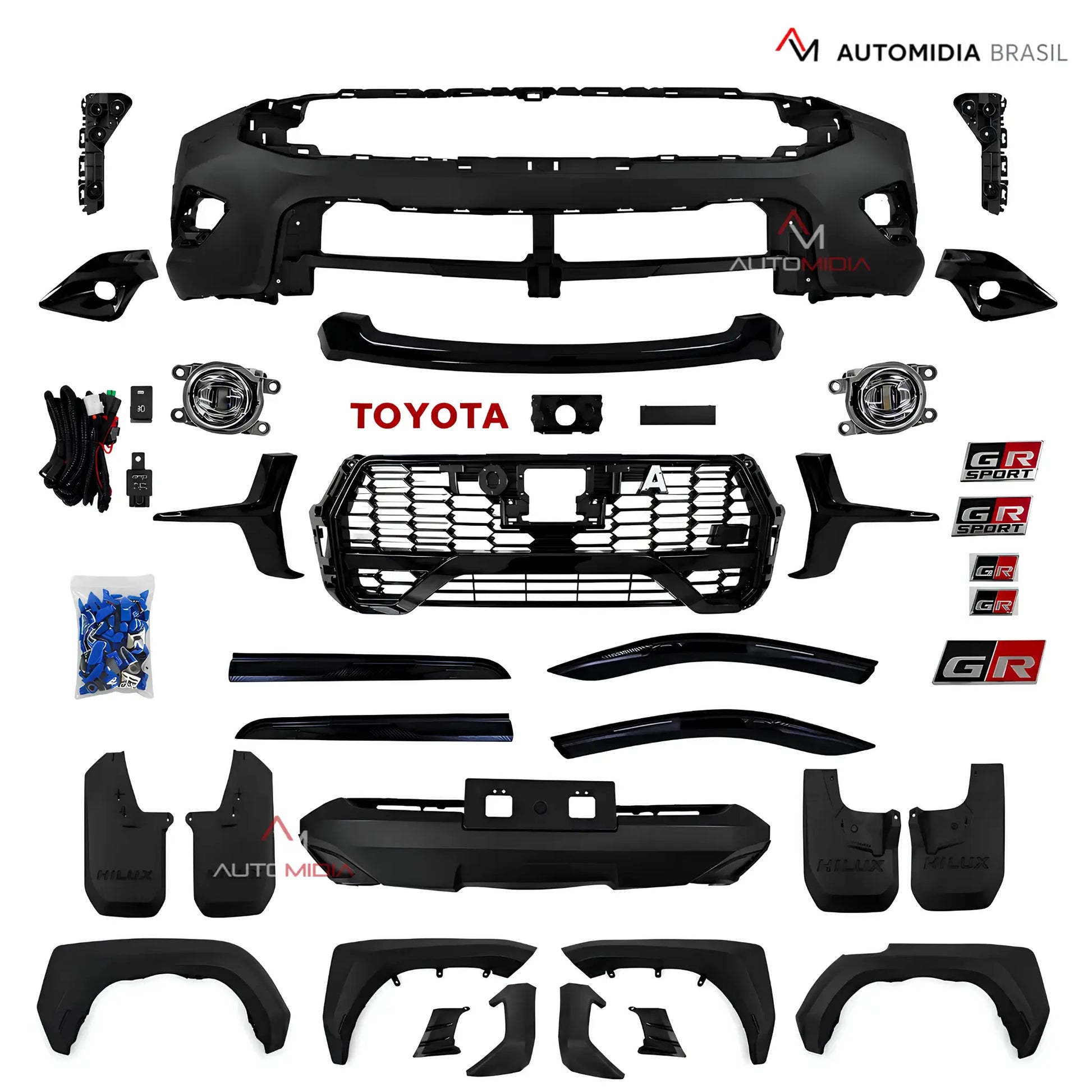 Body Kit Toyota Hilux GR Sport 2024 com para-choque dianteiro, grade frontal, faróis de milha, alargadores de para-lama, para-choque traseiro, apliques, emblemas e kit de fixação para modelos Hilux 2016 a 2024