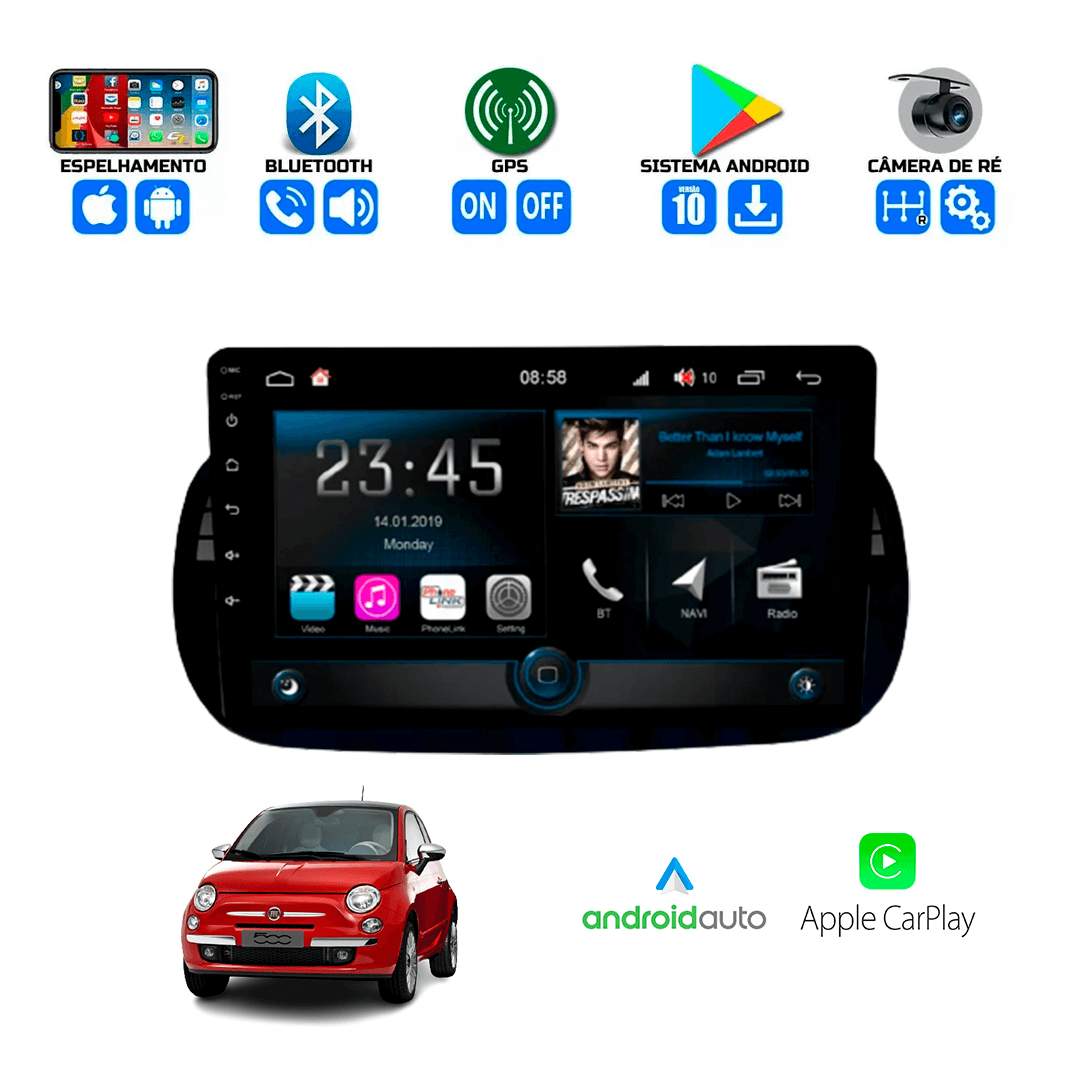 Central Multimidia Fiat 500 Branco / Preto 2009 a 2015 Cartronic