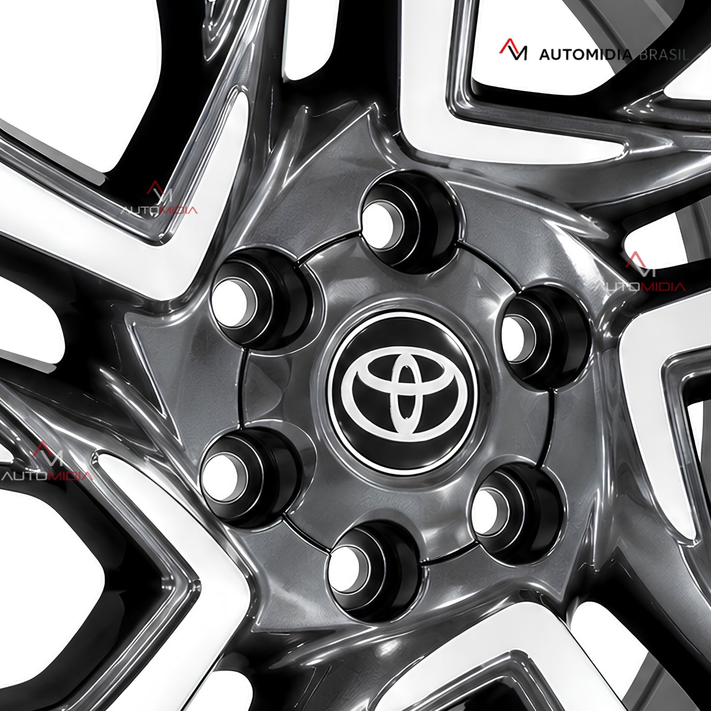 Close-up do centro da roda aro 18 para Toyota SW4, com emblema Toyota, furação de seis pontos e acabamento diamantado preto e prata.