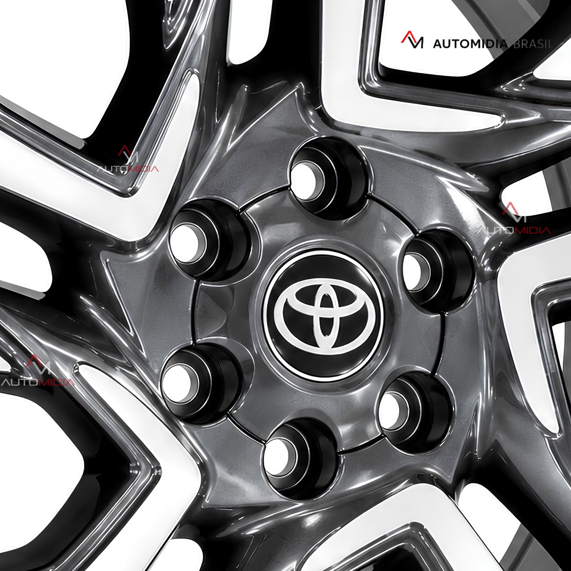 Close-up do centro da roda aro 18 para Toyota SW4, com emblema Toyota, furação de seis pontos e acabamento diamantado preto e prata.