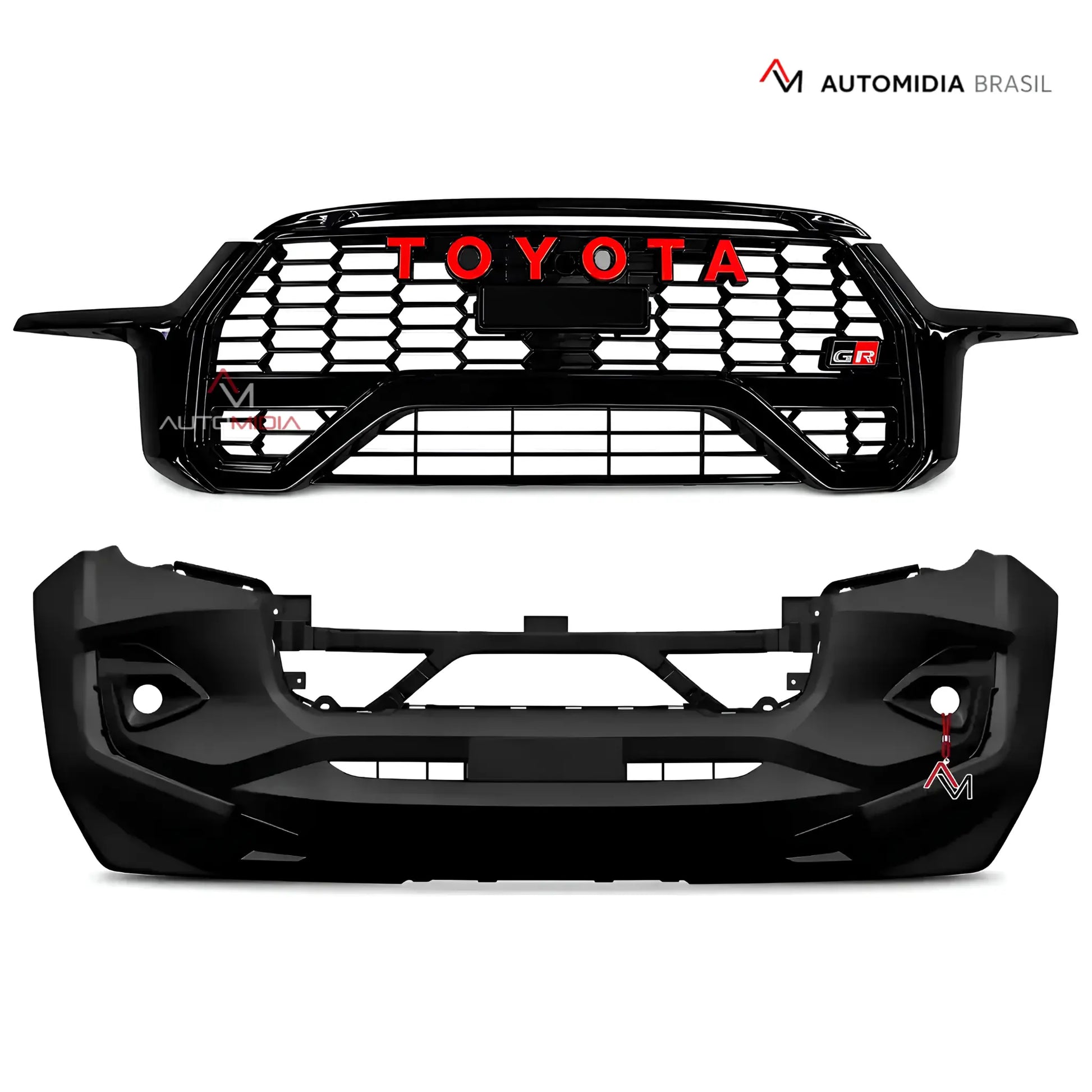 Grade frontal com inscrição Toyota em vermelho e para-choque dianteiro do kit transformação Toyota Hilux GR Sport 2024 para modelos Hilux 2016 a 2024.