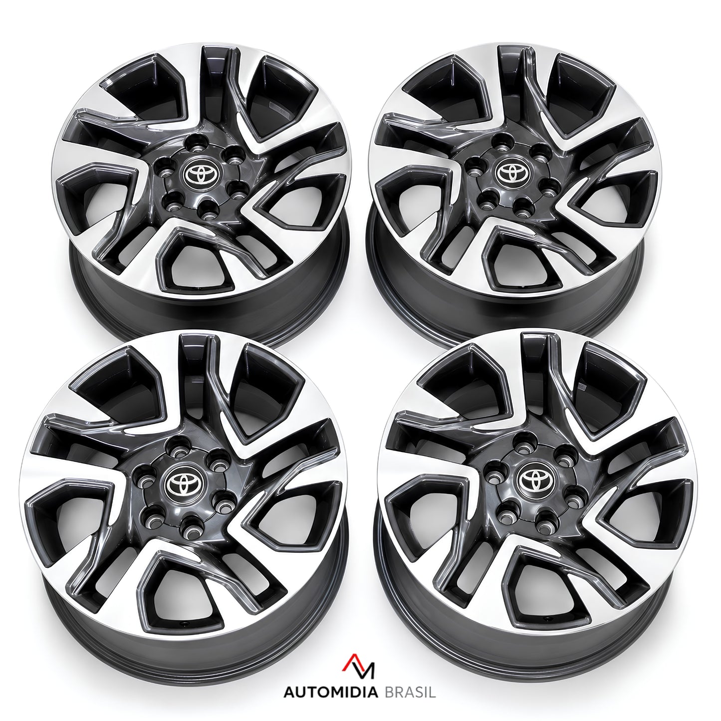 Jogo de 4 rodas aro 18 para Toyota SW4, com acabamento diamantado em preto e prata, design esportivo e emblemas centrais Toyota.