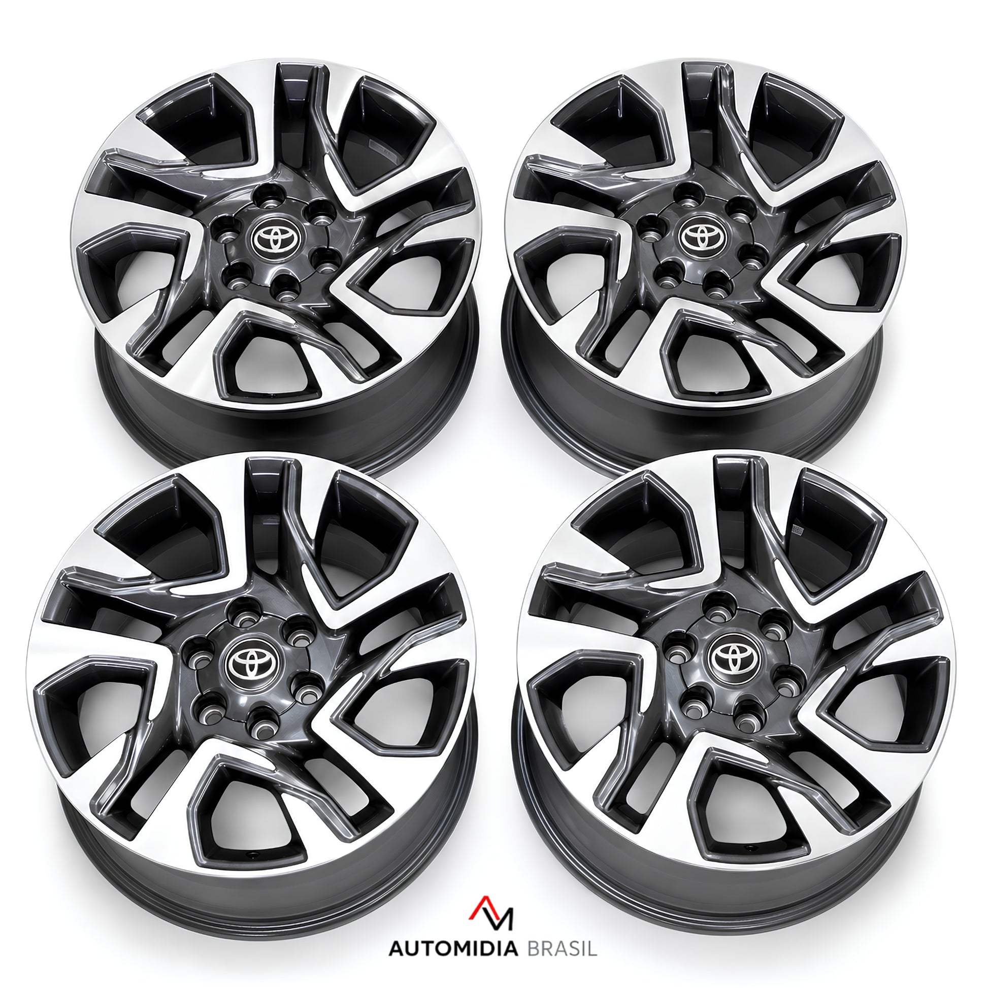 Jogo de 4 rodas aro 18 para Toyota SW4, com acabamento diamantado em preto e prata, design esportivo e emblemas centrais Toyota.