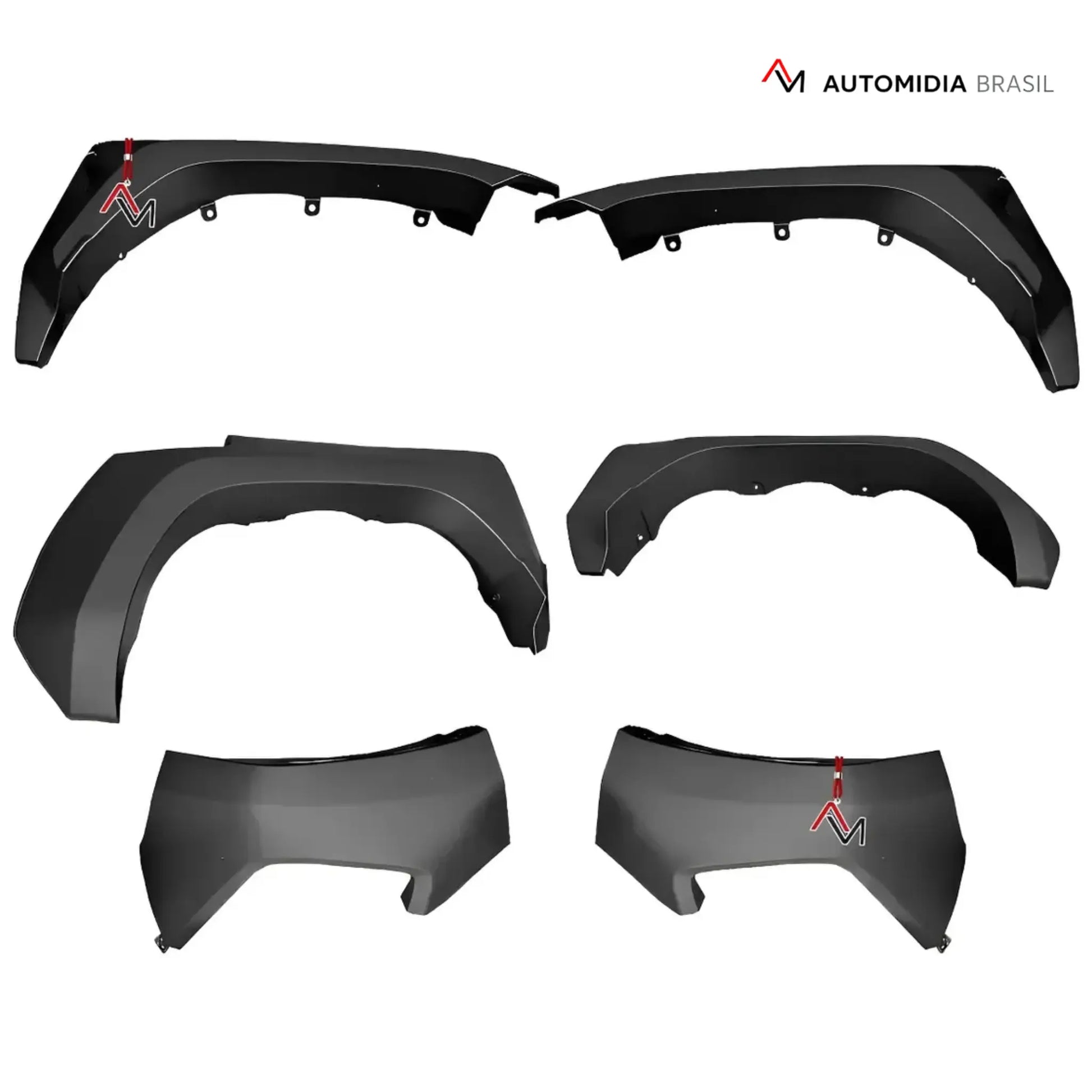 Kit com 6 alargadores de para-lama Toyota Hilux GR Sport 2024 em acabamento preto, peças do Body Kit para transformação dos modelos Hilux 2016 a 2024