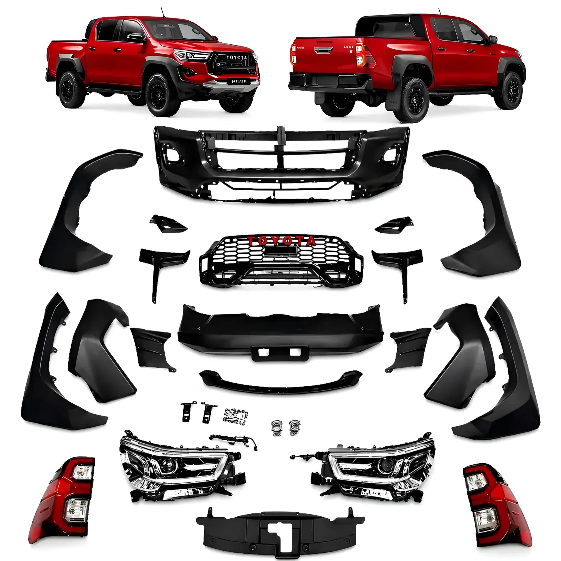Kit transformação completo Toyota Hilux GR Sport 2024 com para-choques dianteiro e traseiro, grade, alargadores, faróis, lanternas e acabamentos para modelos Hilux 2016 a 2024.