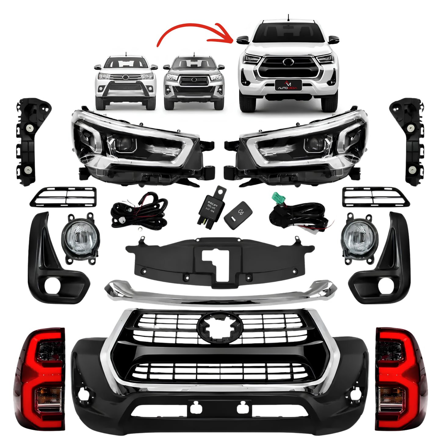Kit transformação completo Toyota Hilux SRX 2026 com faróis, lanternas traseiras, para-choque dianteiro, grade, faróis de milha e acabamentos para modelos Hilux 2016 a 2026