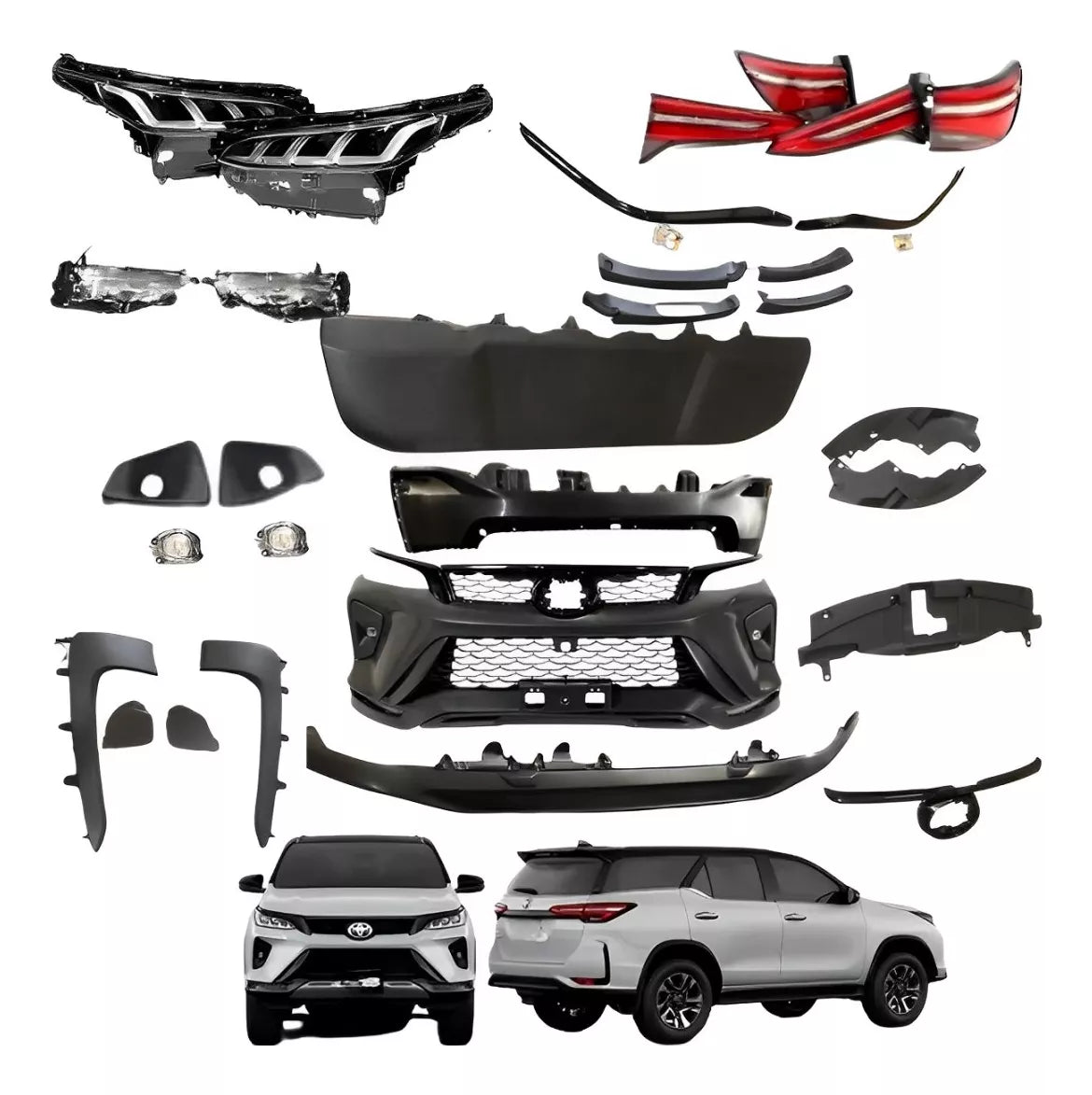 Kit transformação completo Toyota SW4 Diamond 2026 com faróis, lanternas, DRL, para-choques, grades, molduras e acabamentos para modelos SW4 apartir do 2016+ 
