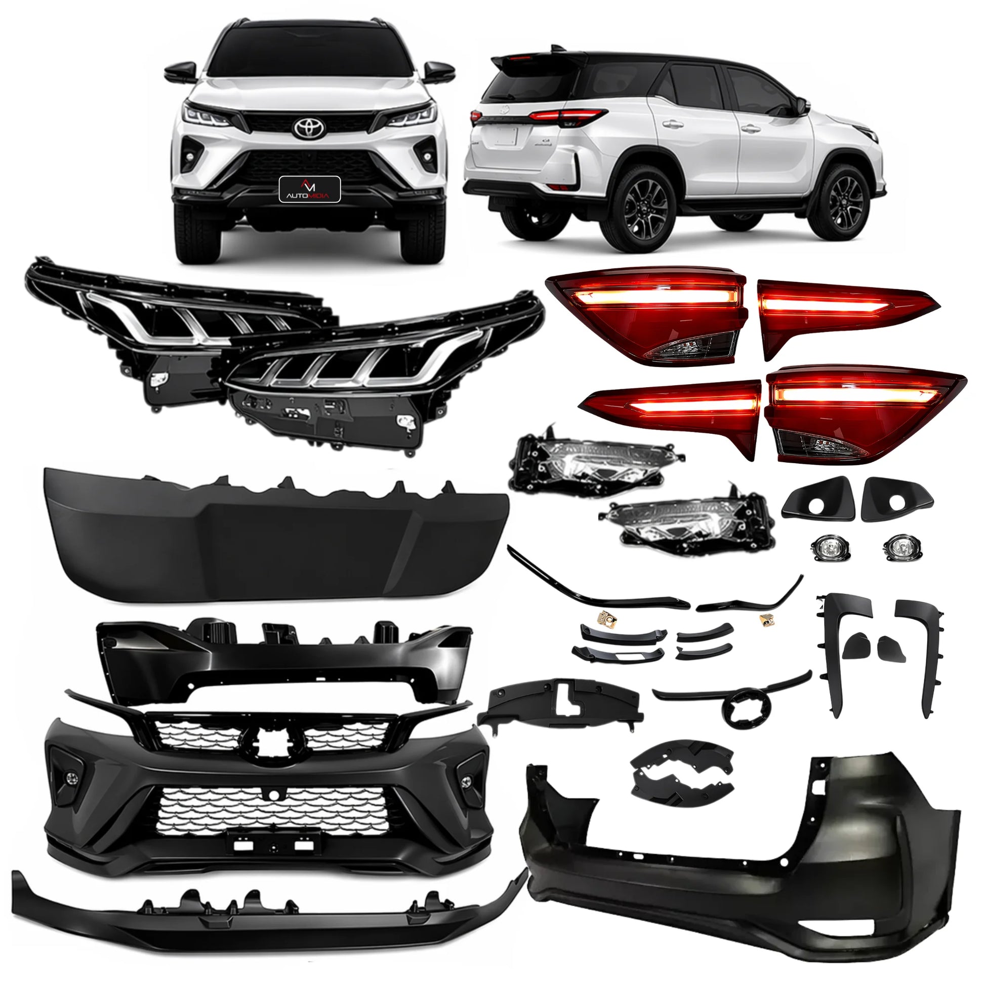 Kit transformação completo Toyota SW4 Diamond 2026 com faróis, lanternas, DRL, para-choques, grades, molduras e acabamentos para modelos SW4 2016 a 2026.