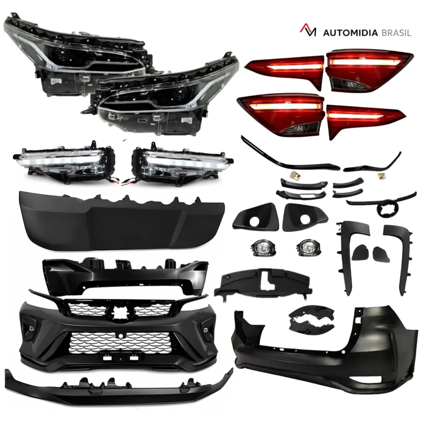 Kit transformação completo Toyota SW4 Platinum 2026 com faróis, lanternas, DRL, para-choques, grades, molduras e acabamentos externos para modelos SW4 2016 a 2026.