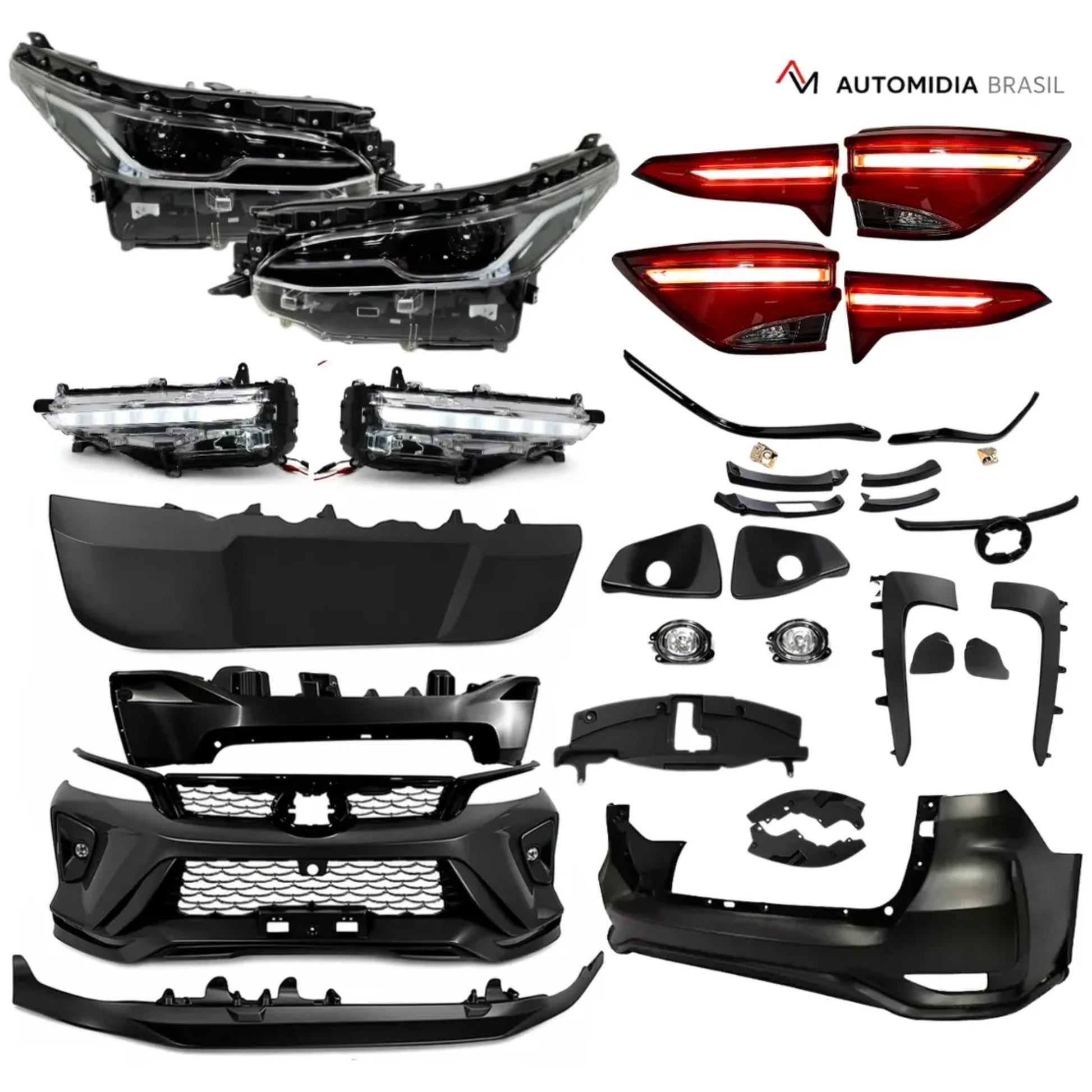 Kit transformação completo Toyota SW4 Platinum 2026 com faróis, lanternas, DRL, para-choques, grades, molduras e acabamentos externos para modelos SW4 2016 a 2026.
