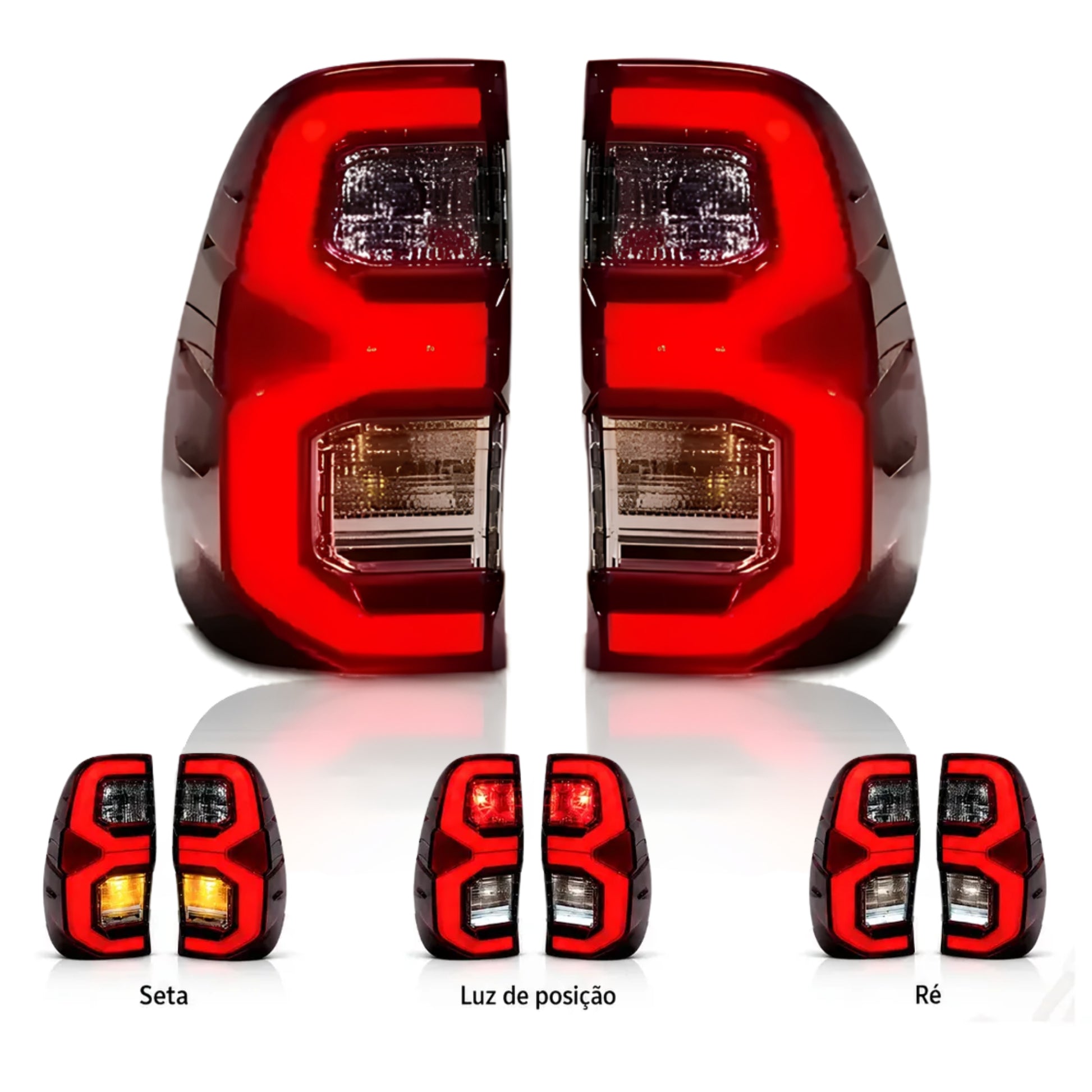 Par de lanternas traseiras LED Toyota Hilux SRX 2026 com demonstração das funções de seta, luz de posição e luz de ré para modelos Hilux 2016 a 2025.