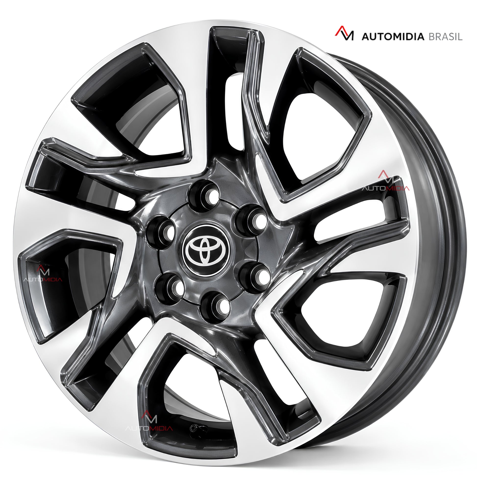 Roda aro 18 para Toyota SW4 em vista frontal, com acabamento diamantado preto e prata, design esportivo e emblema central Toyota.
