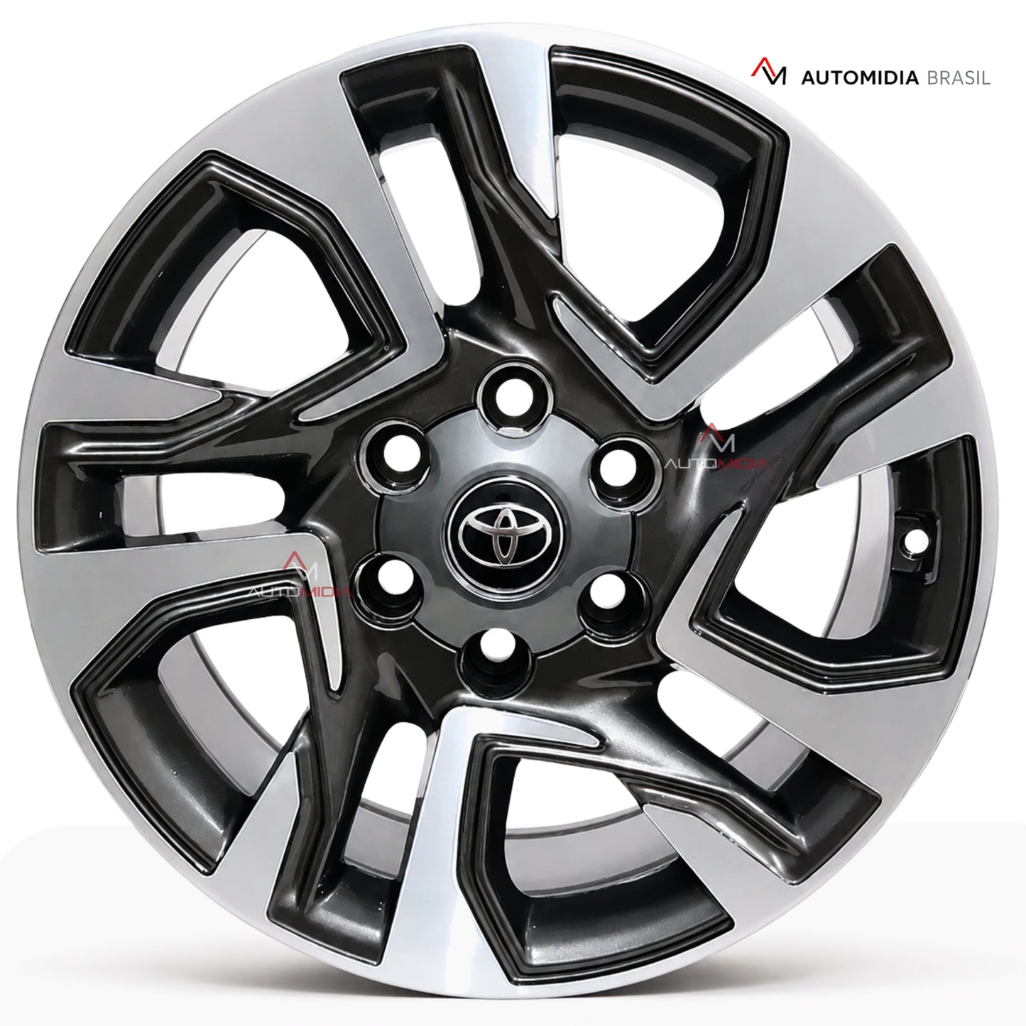 Roda aro 18 para Toyota SW4 em vista frontal centralizada, com acabamento diamantado preto e prata, seis furos e emblema Toyota.