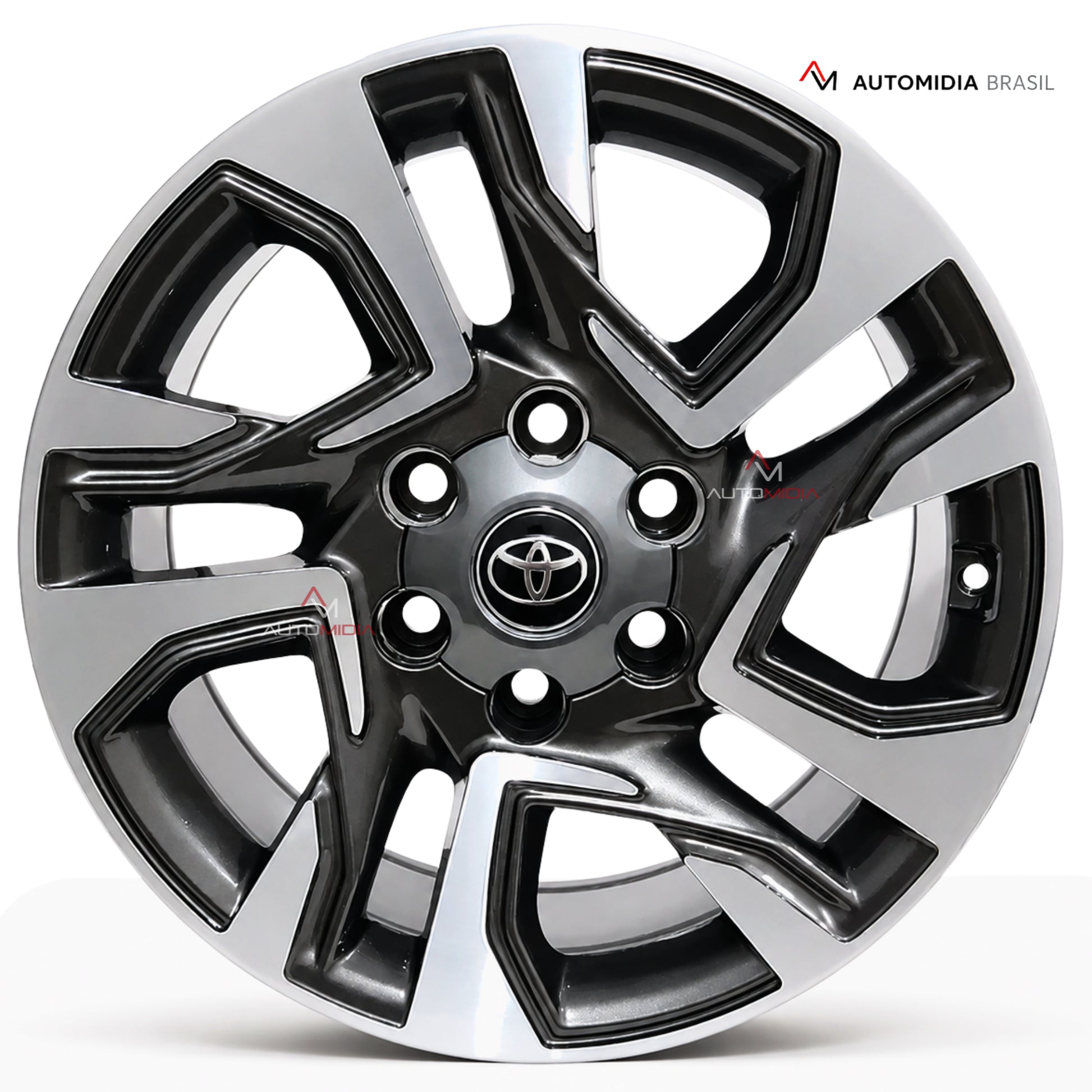 Roda aro 18 para Toyota SW4 em vista frontal centralizada, com acabamento diamantado preto e prata, seis furos e emblema Toyota.