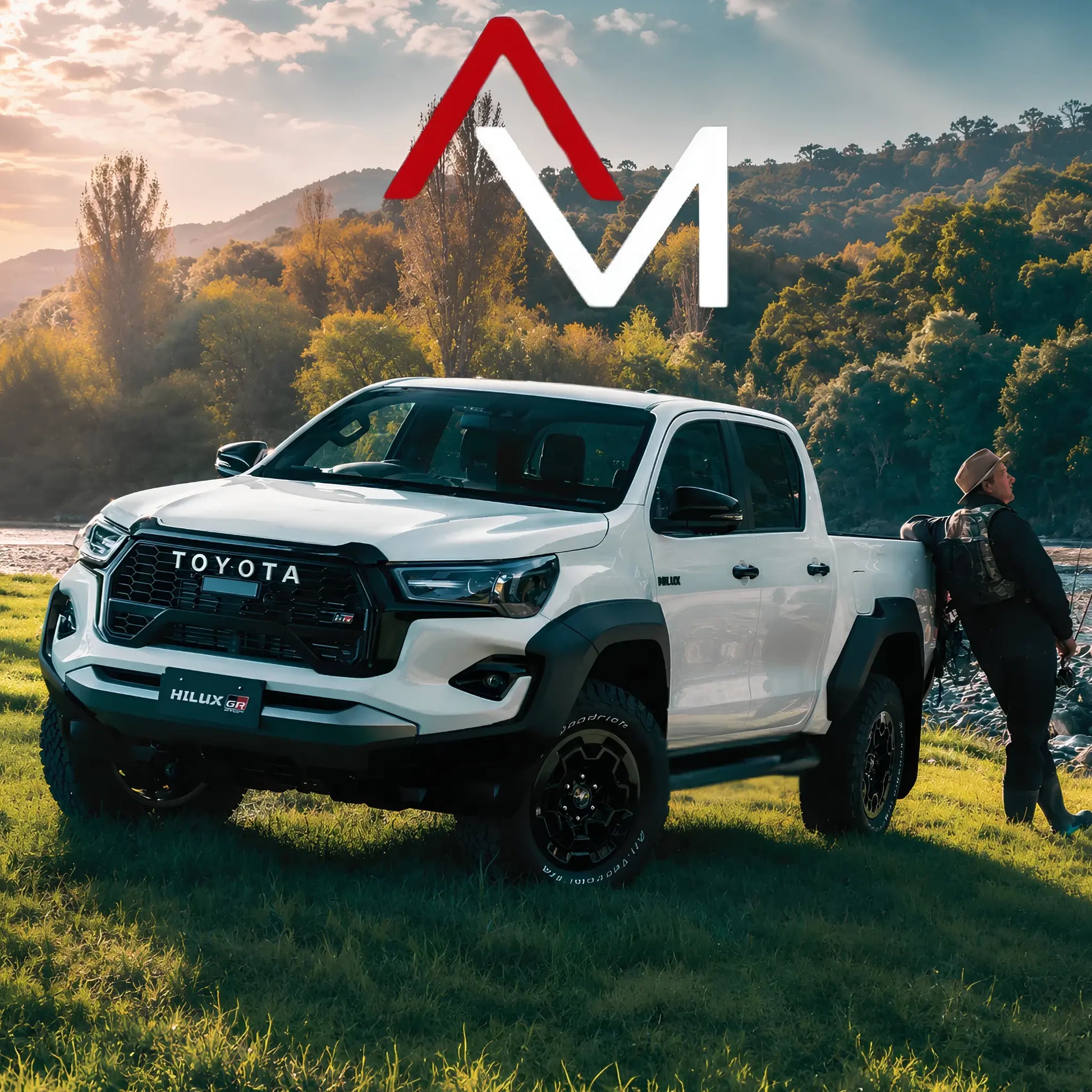 Toyota Hilux GR Sport 2024 branca em vista frontal e lateral, equipada com grade Toyota, Body Kit, alargadores de para-lama e rodas pretas em cenário ao ar livre.